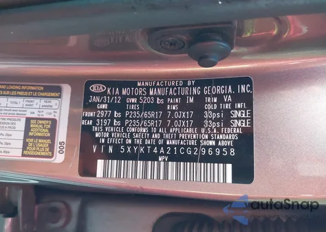 2012 Kia Sorento Lx V6 from USA, damaged, VIN 5XYKT4A21CG296958